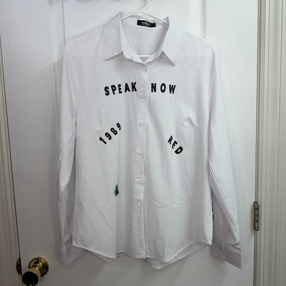 Jonivey white Taylor Swift decal long sleeve button down collared shirt concert